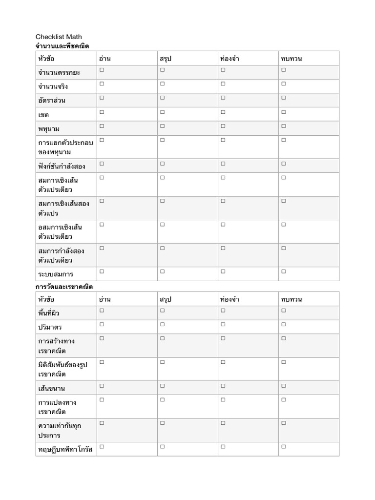 Checklist Math | PDF