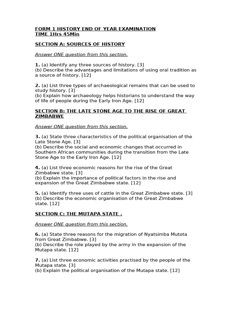 History Exam: Sources & Great Zimbabwe | PDF