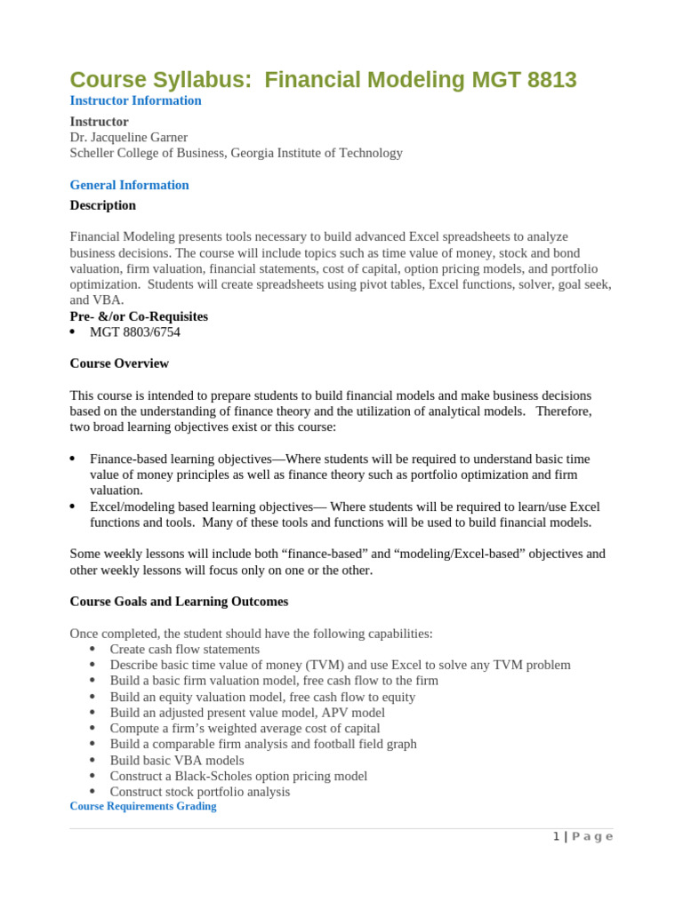 Financial Modeling Course Syllabus | PDF | Valuation (Finance) | Plagiarism
