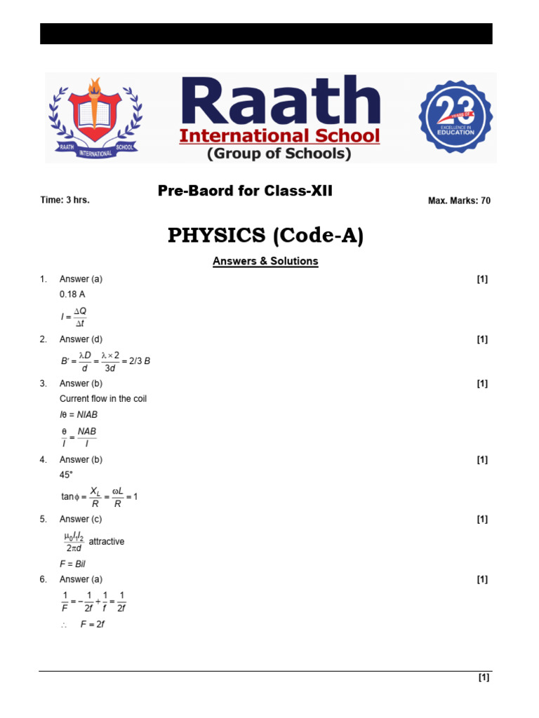 Pre-Board - 1 For Class XII - Physics - Code-A - Sol | PDF ...