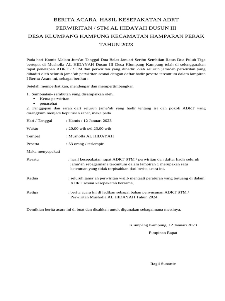 Kesepakatan ADRT Perwiritan 2023 | PDF