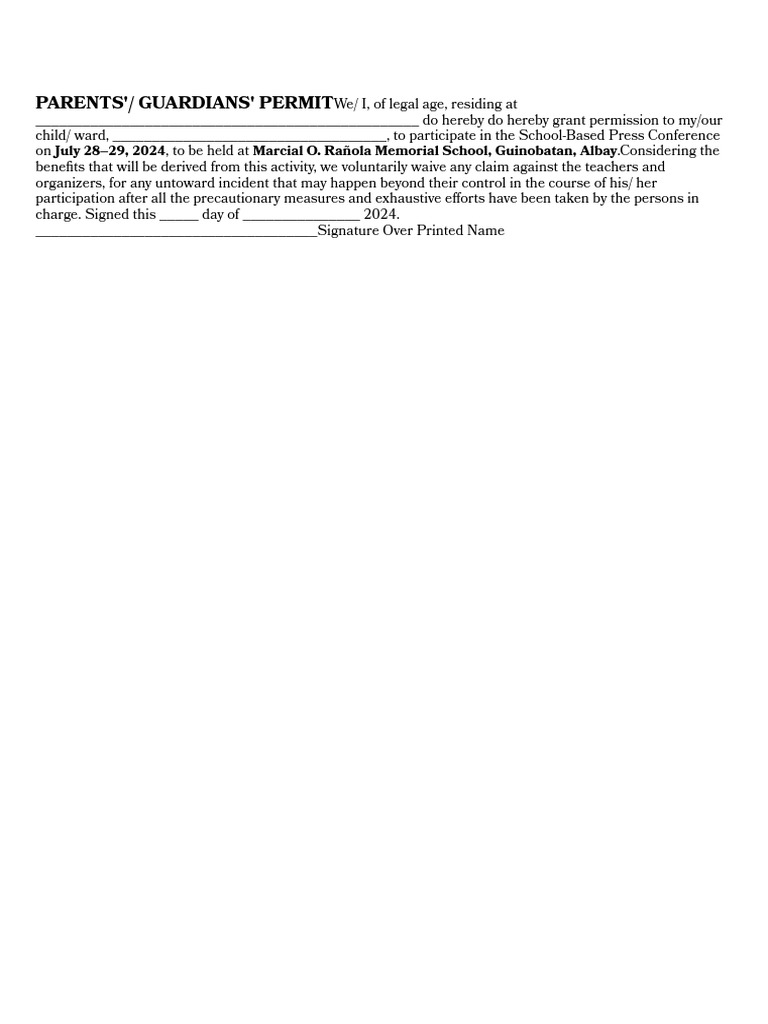 Parental Consent for School Event | PDF