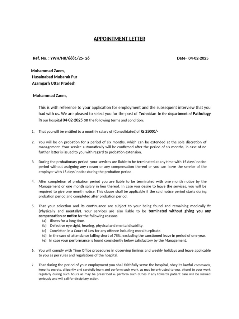 Appointment Letter for Technician Role | PDF | Employment | Justice