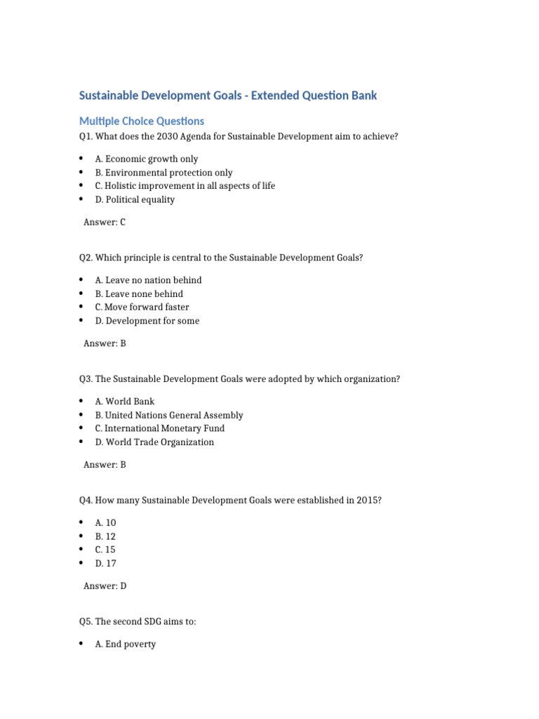 Sustainable Development Goals Quiz Bank | PDF | Sustainable Development ...