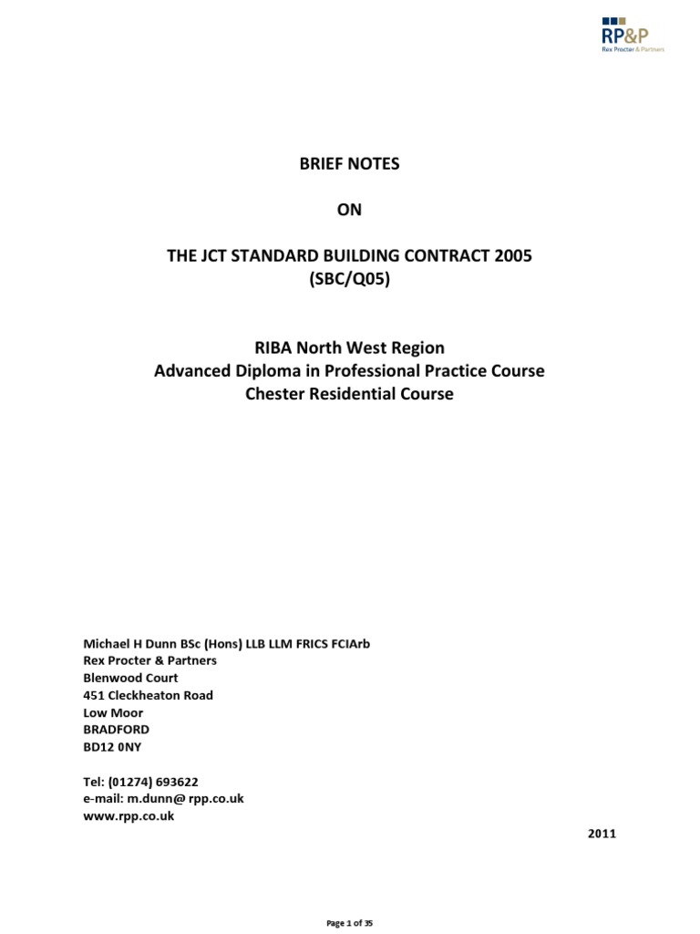 Brief Notes ON The JCT Standard Building Contract 2005 (SBC/Q05) | PDF ...
