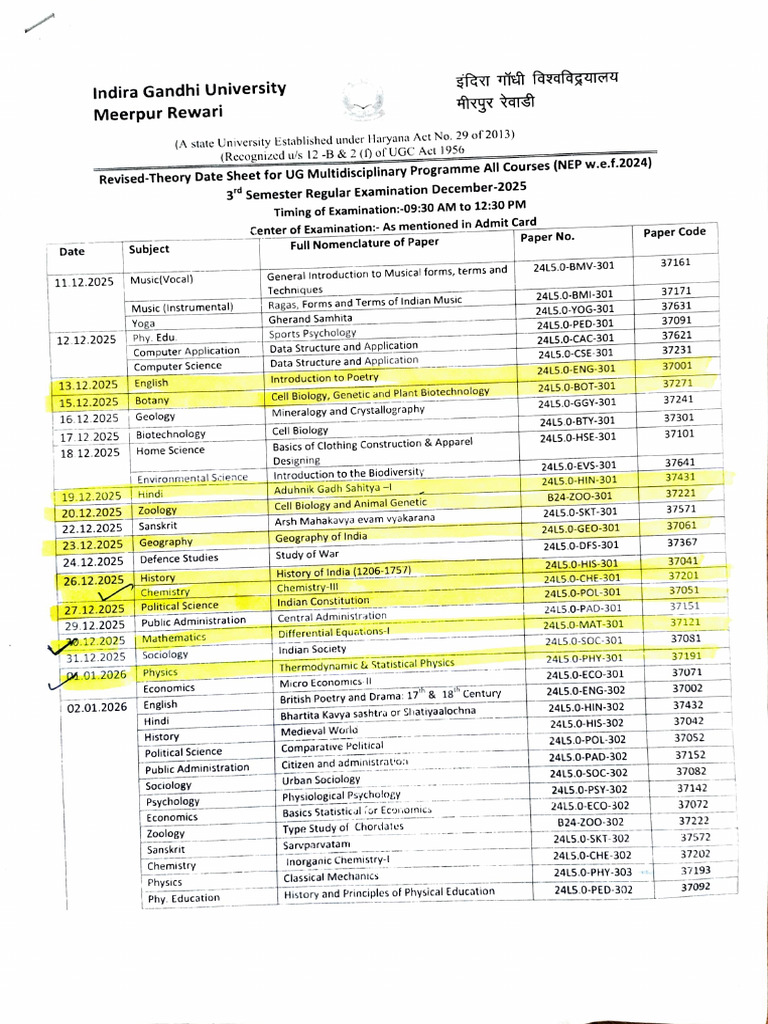 UG 3rd Semester Date Sheet | PDF