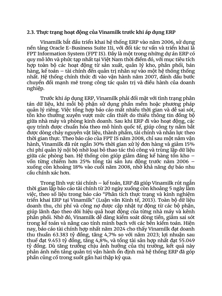 2.3. TH C TR NG Ho T Đ NG C A Vinamilk Trư C Khi Áp D NG ERP | PDF