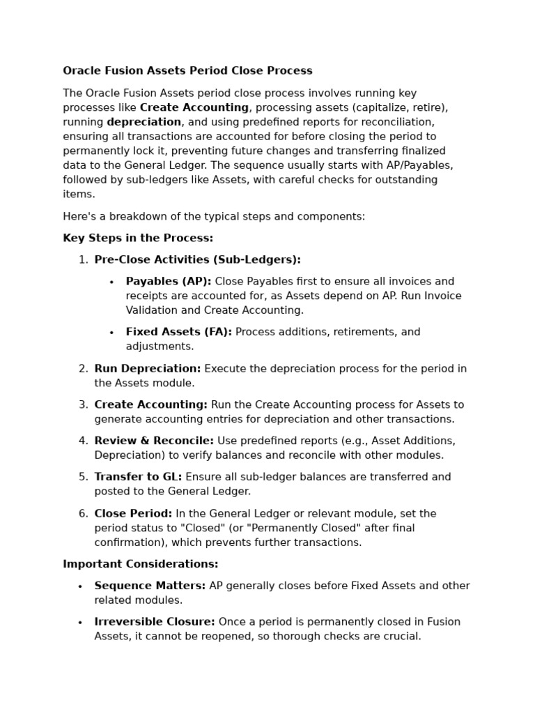 Oracle Fusion Assets Period Close Process | PDF