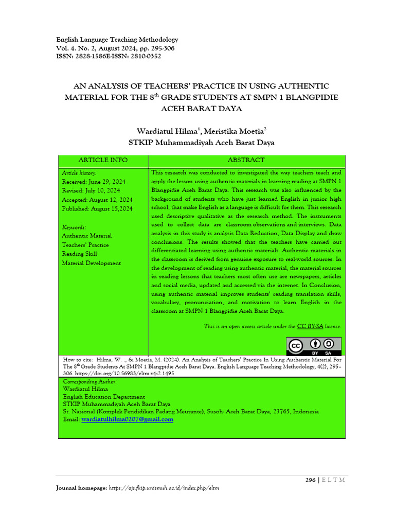 Teachers' Use of Authentic Materials in ELT | PDF | Teachers | Learning