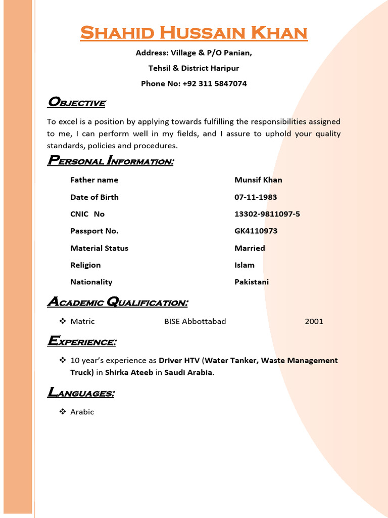 Shahid Hussain Khan - Driver CV | PDF