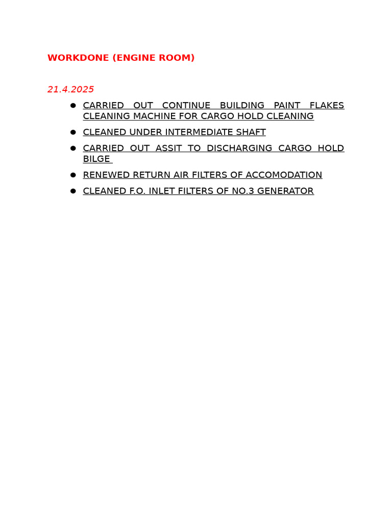 Engine Room Maintenance Report | PDF