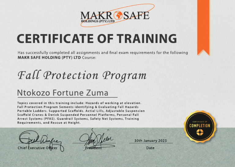 Fall Protection Training Certificate | PDF