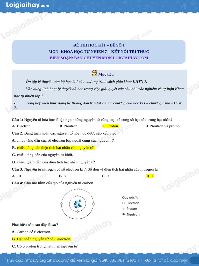 De Thi Hoc Ki 1 KHTN 7 Ket Noi Tri Thuc de So 1 1673063069 | PDF