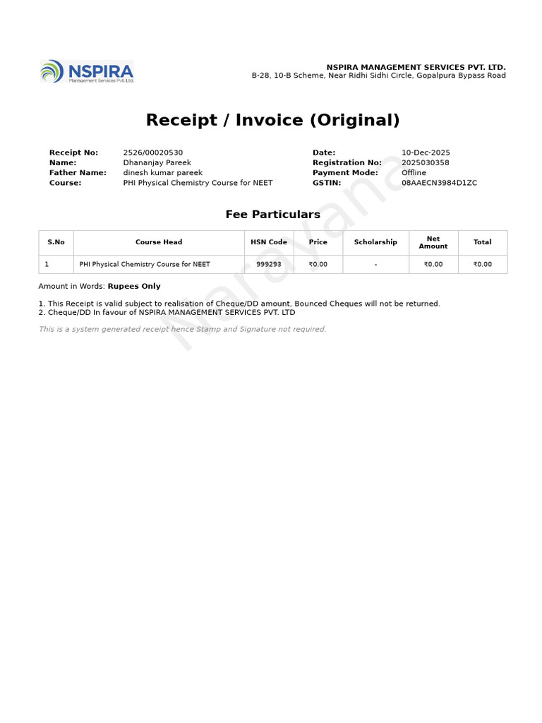 NEET Physical Chemistry Course Receipt | PDF