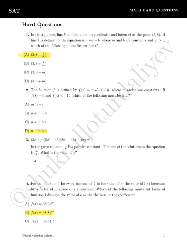 SAT Math Hard Questions Explained | PDF | Function (Mathematics) | Volt