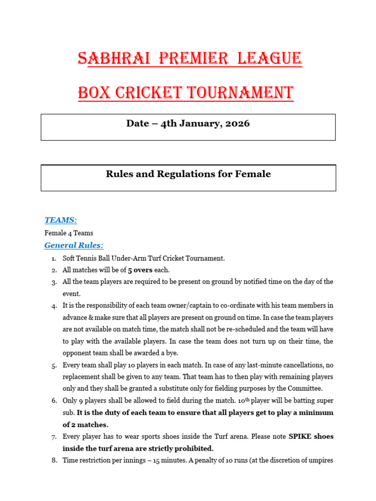 Female Box Cricket Tournament Rules | PDF | Bowling (Cricket) | Sports ...