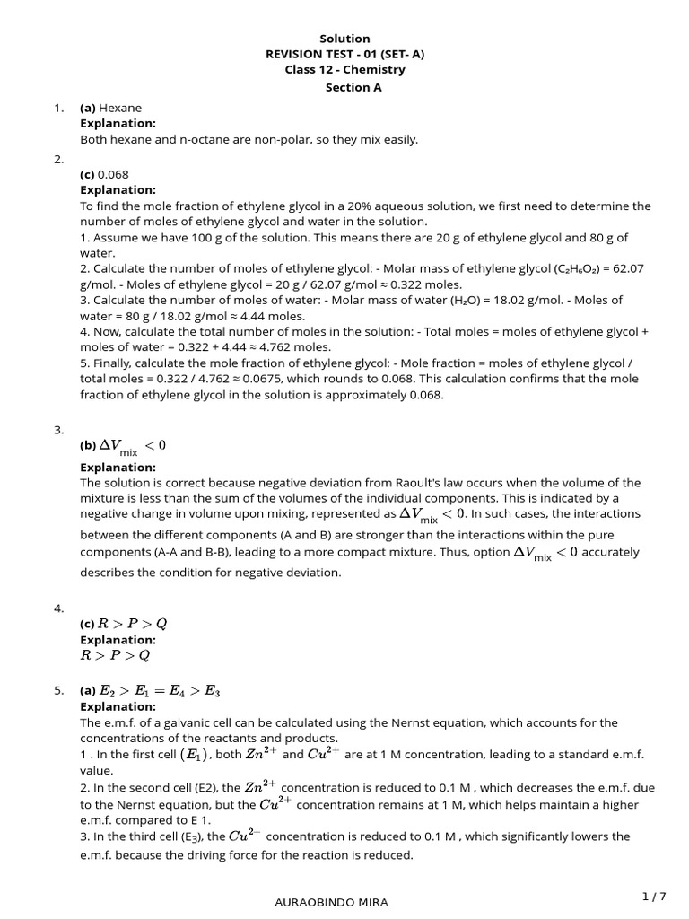 Class 12 Chemistry Revision Test Answers | PDF | Osmosis | Mole (Unit)