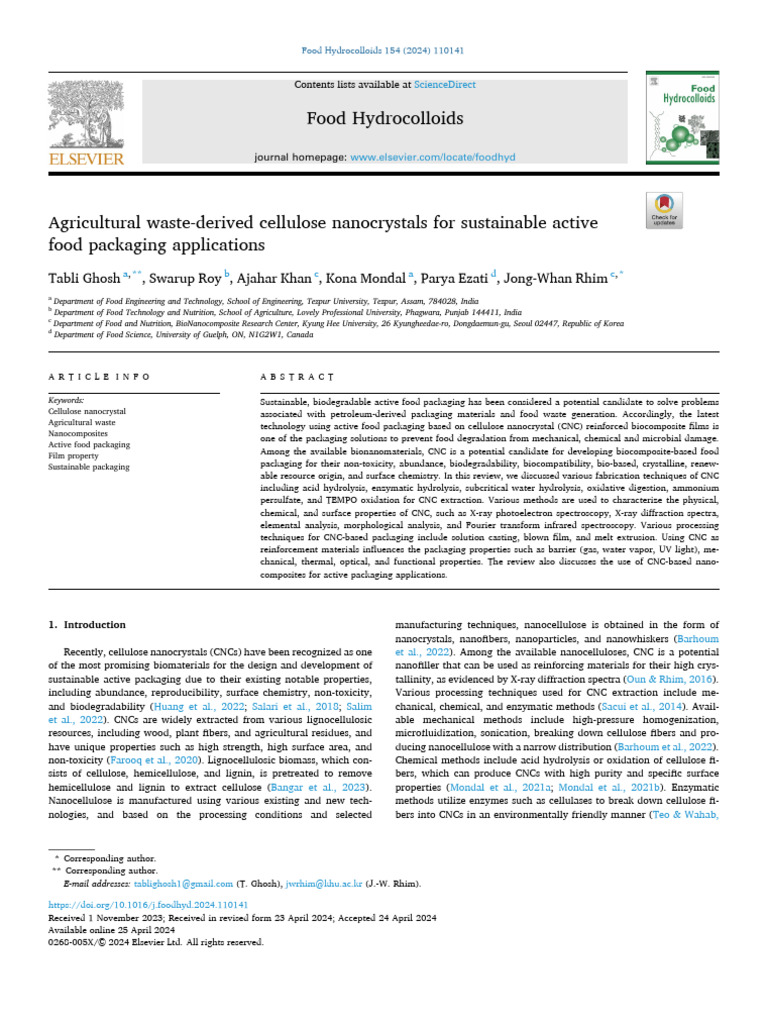Sustainable Food Packaging from CNC | PDF | Cellulose | Hydrolysis
