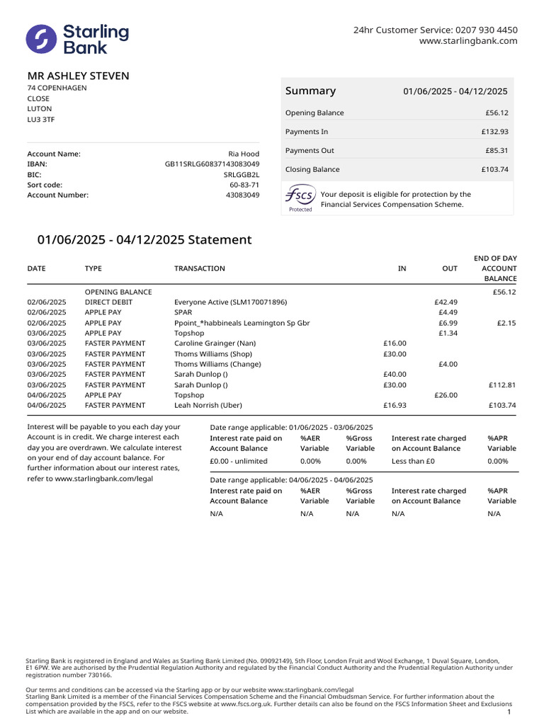 StarlingStatement - 2025 06 - 2025 06 1 | PDF | Personal Finance | Money