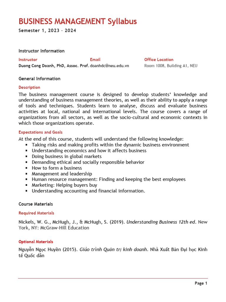 Business Management Course Syllabus | PDF | Entrepreneurship | Economies