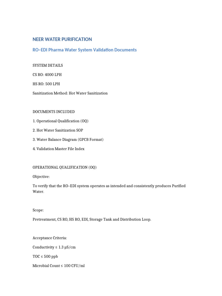 NEER Water Purification Validation Documents | PDF