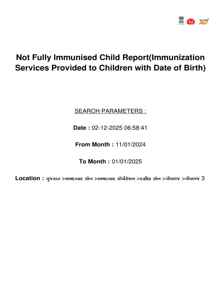 Not Fully Immunised Child Report (Immunization Services Provided To ...