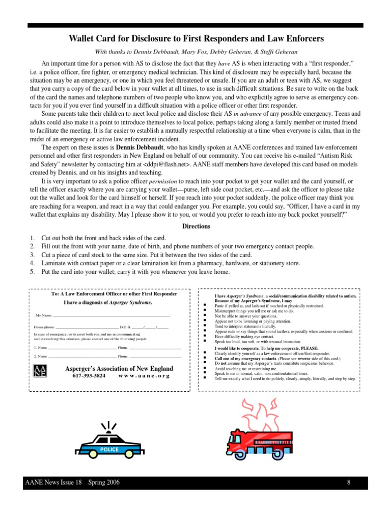 Asperger's Emergency Wallet Card Guide | PDF | Autism Spectrum | Emergency