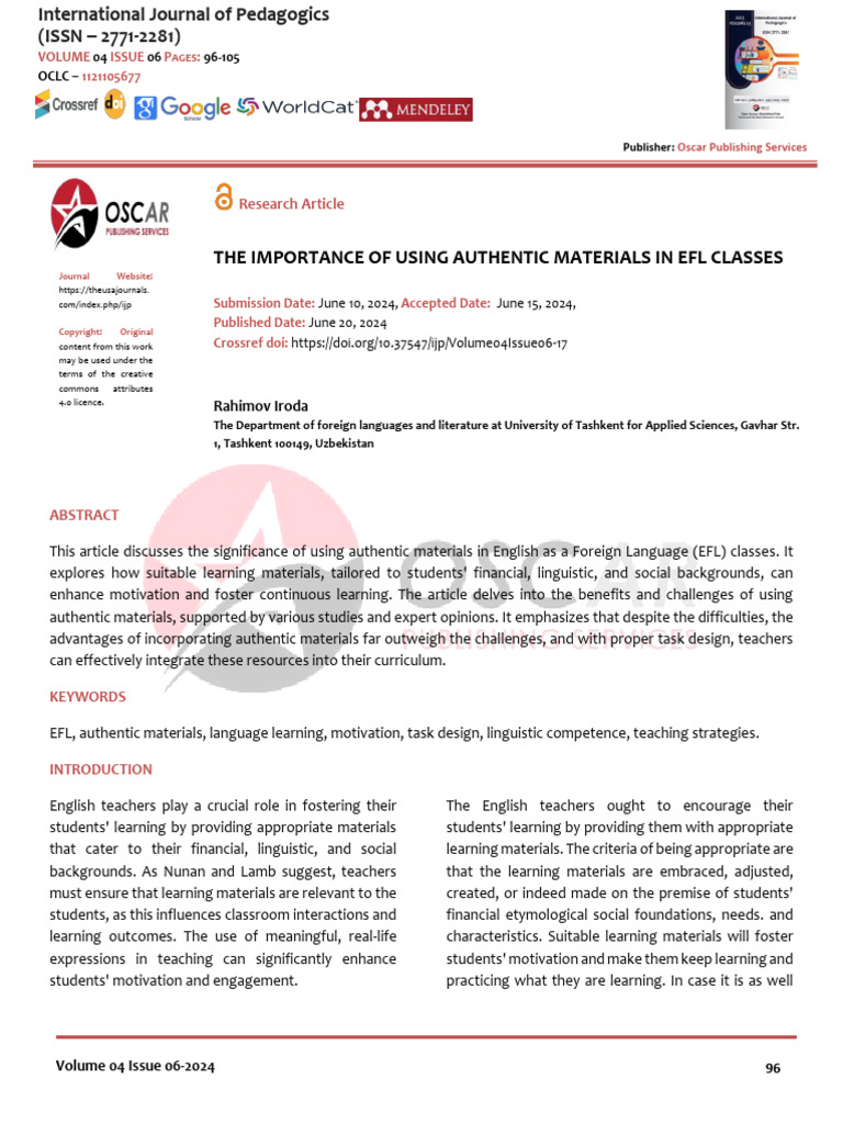 Authentic Materials in EFL Classes | PDF | Reading Comprehension | Learning