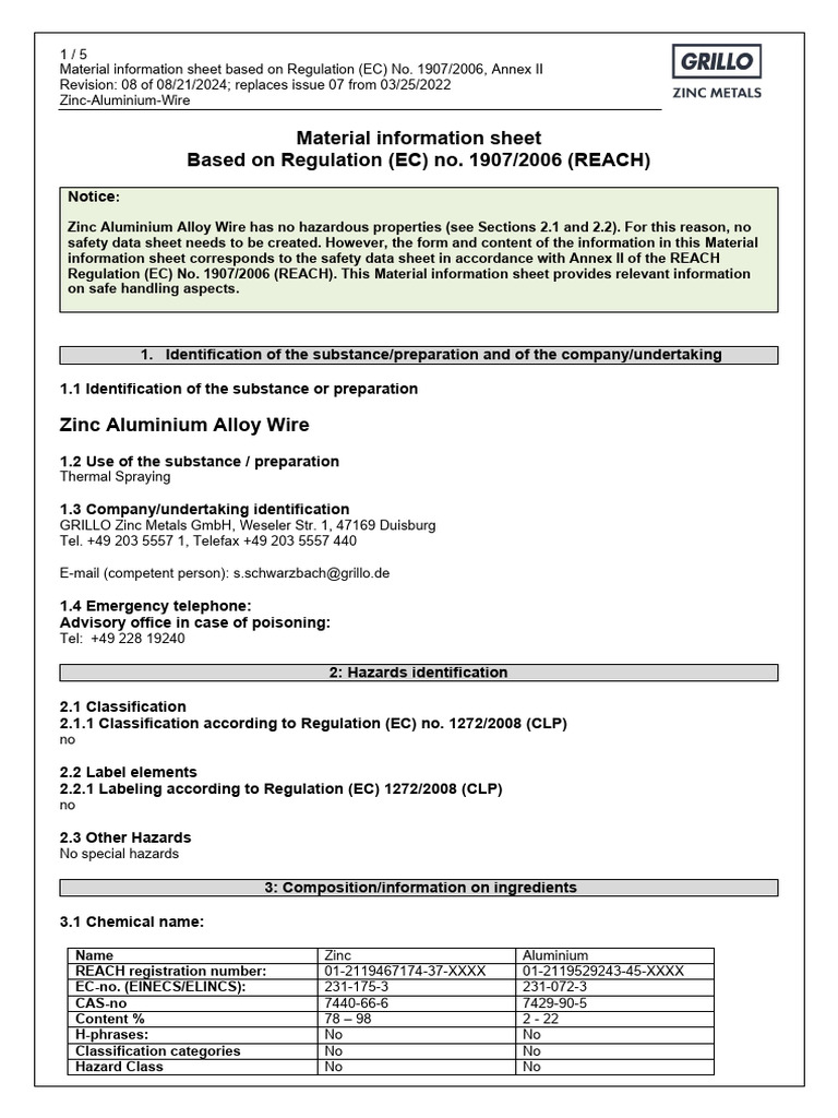 Zinc-Aluminium Alloy Wire Information Sheet | PDF | Magnesium | Waste