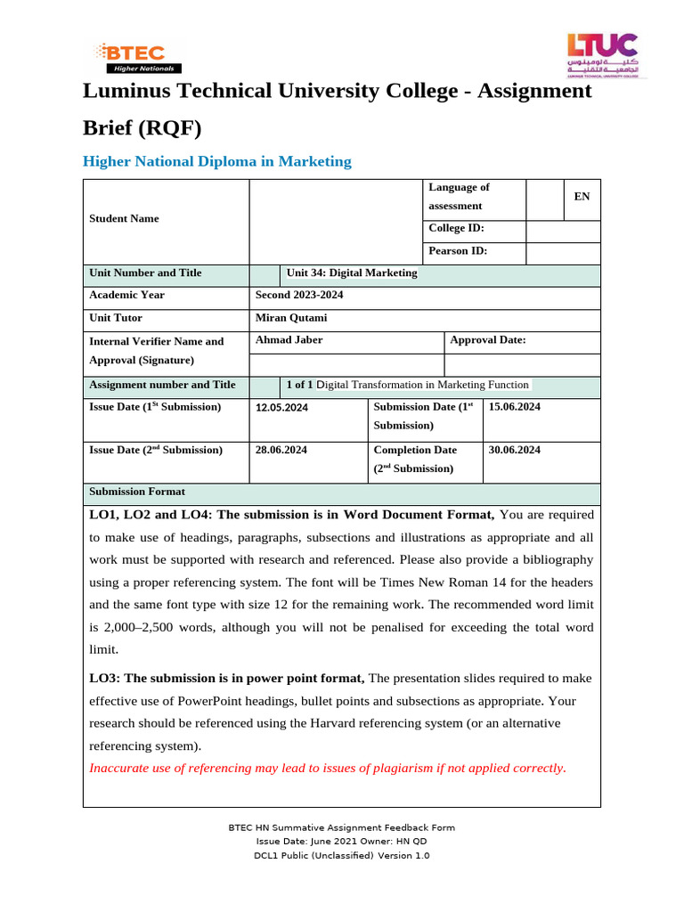 Luminus Technical University College - Assignment Brief (RQF) | PDF ...