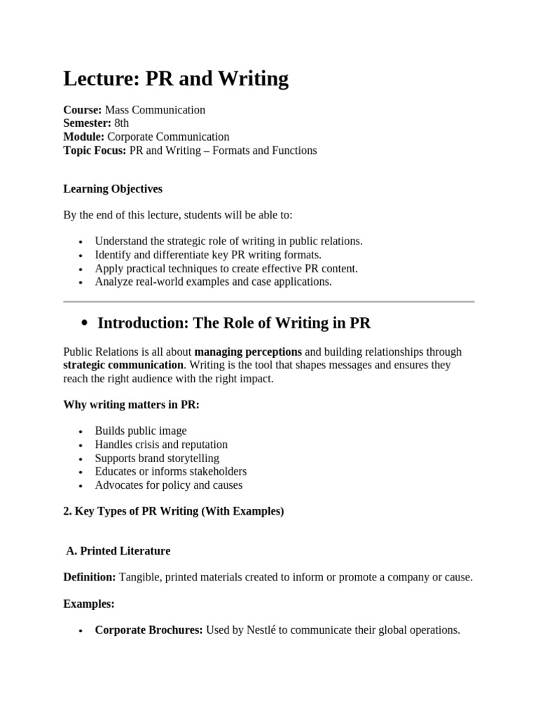 Lecture PR writings CC 8th semester | PDF | Public Relations ...