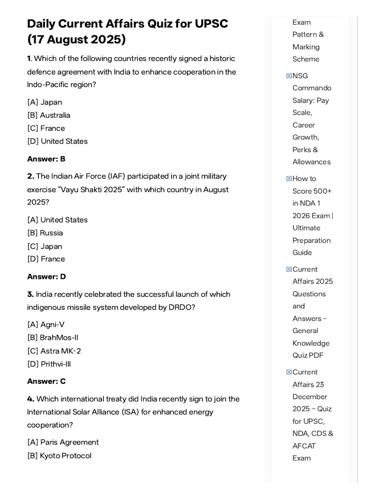 Current Affairs 17 August 2025 - Quiz For UPSC, NDA, CDS & ... | PDF
