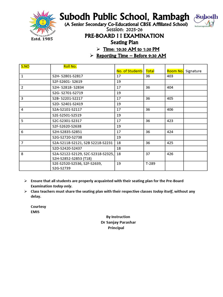 Pre-Board Exam Seating Plan 2025-26 | PDF