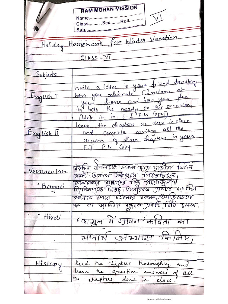 Class 6 Holiday Homework | PDF