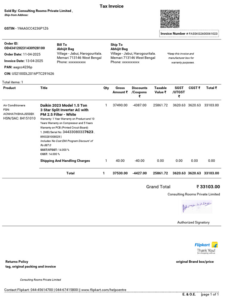 Invoice for Daikin AC Purchase | PDF | Payments | Taxes