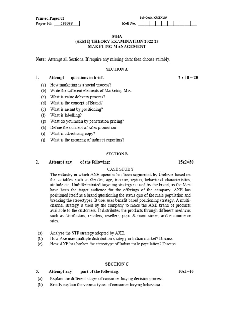 MBA Marketing Management Exam 2022-23 | PDF | Marketing | Brand
