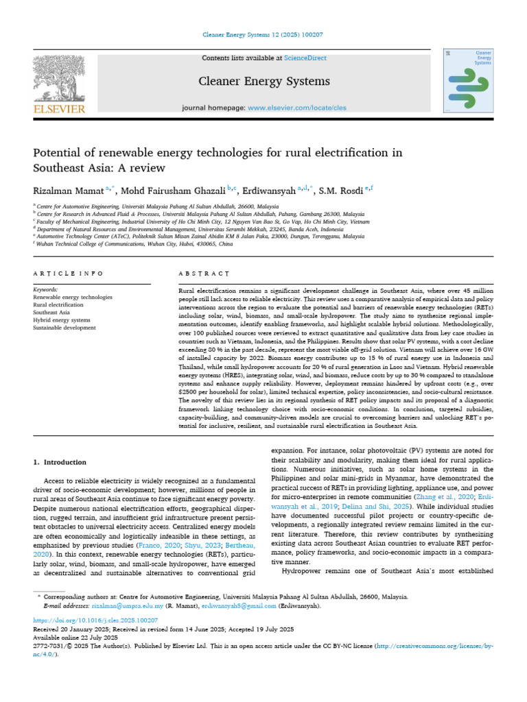 Potential of Renewable Energy Technologies For Rural Electrification in ...
