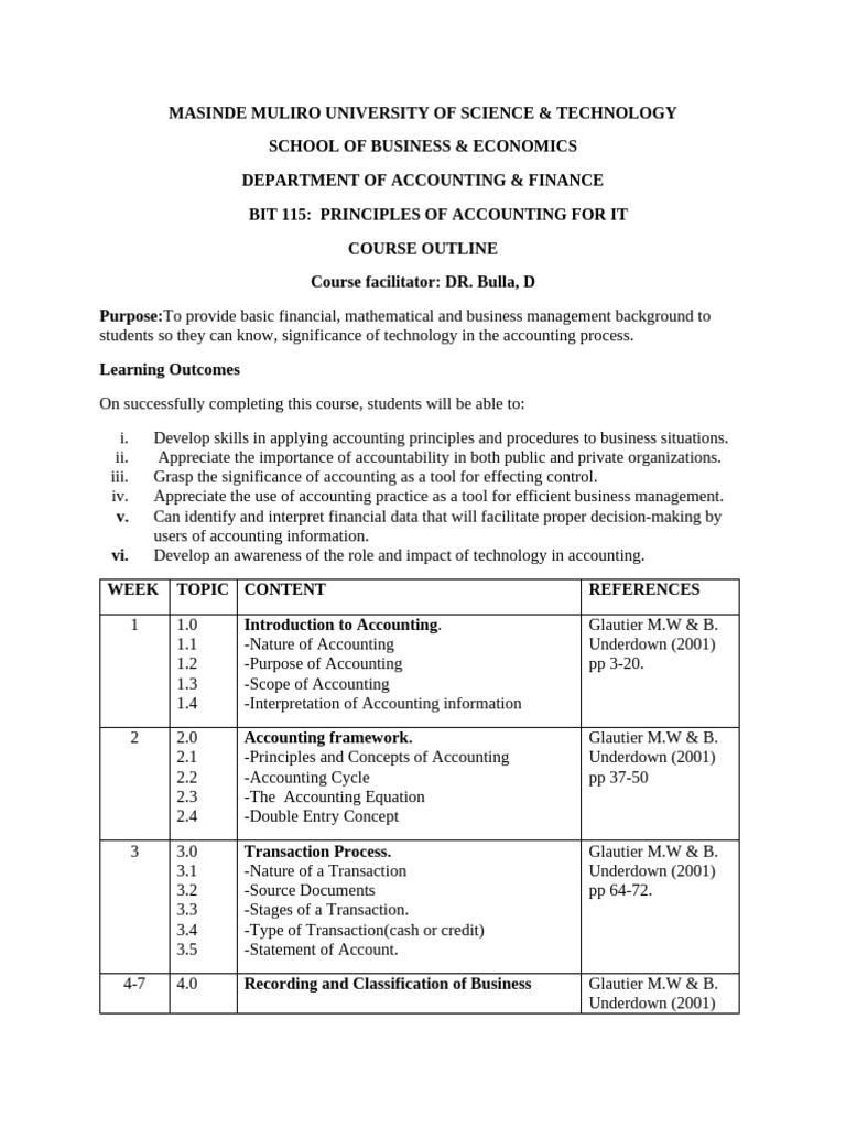 Principles of Accounting for IT Course Outline | PDF | Accounting ...