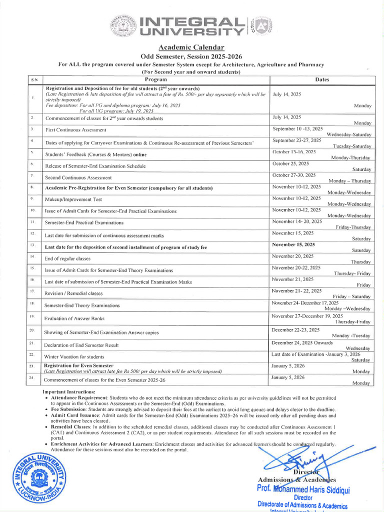 Academic Calendar Odd 2025 26 Second Year | PDF