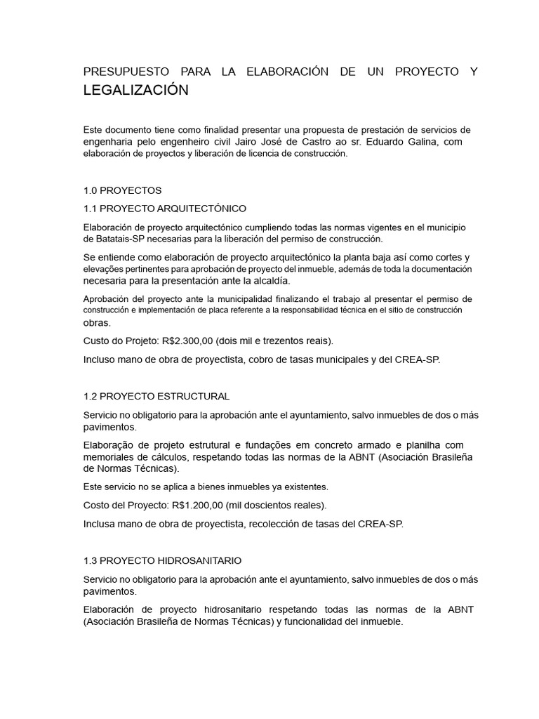 Presupuesto de Elaboración de Proyecto y Legalización PDF | PDF