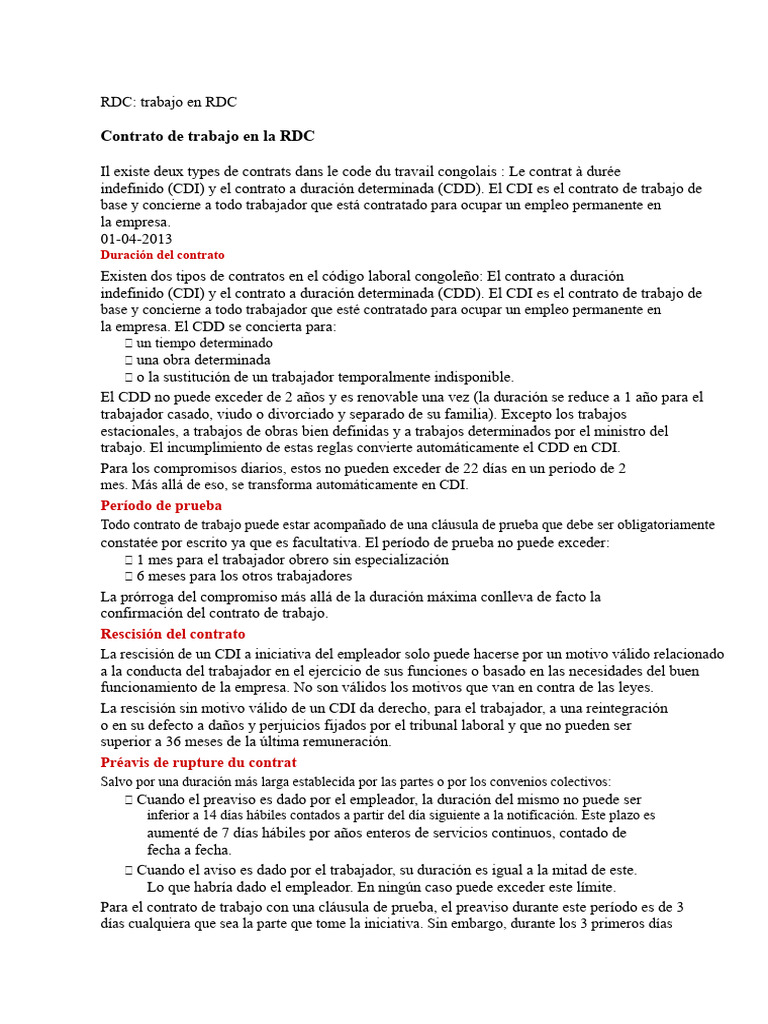 Tipos de contratos laborales en la RDC | PDF | Justicia | Crimen y ...