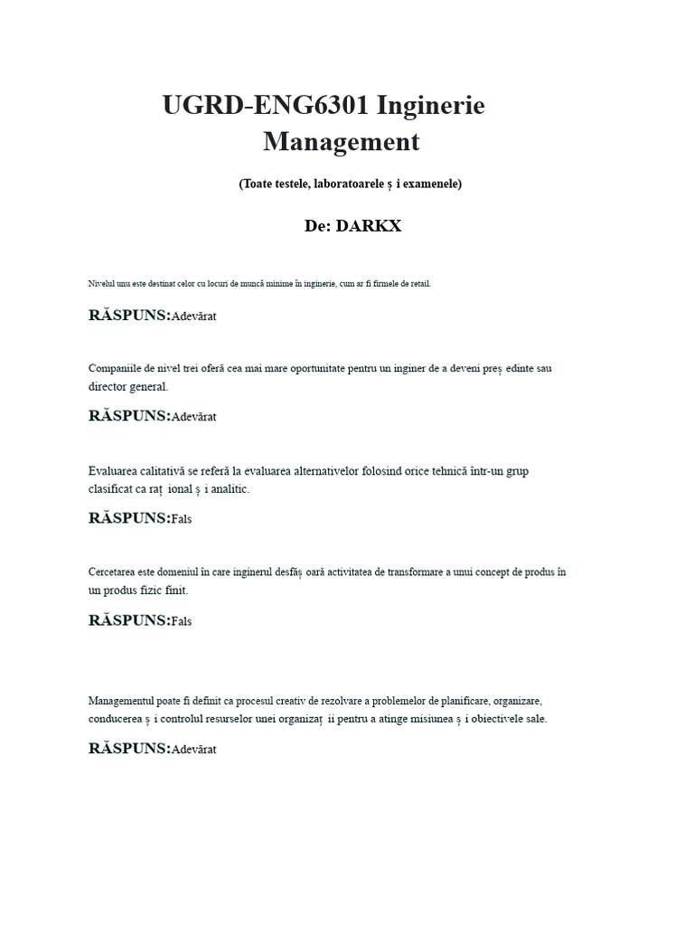 UGRD-ENG6301-Gestiunea Ingineriei-Teste Finale Generale | PDF