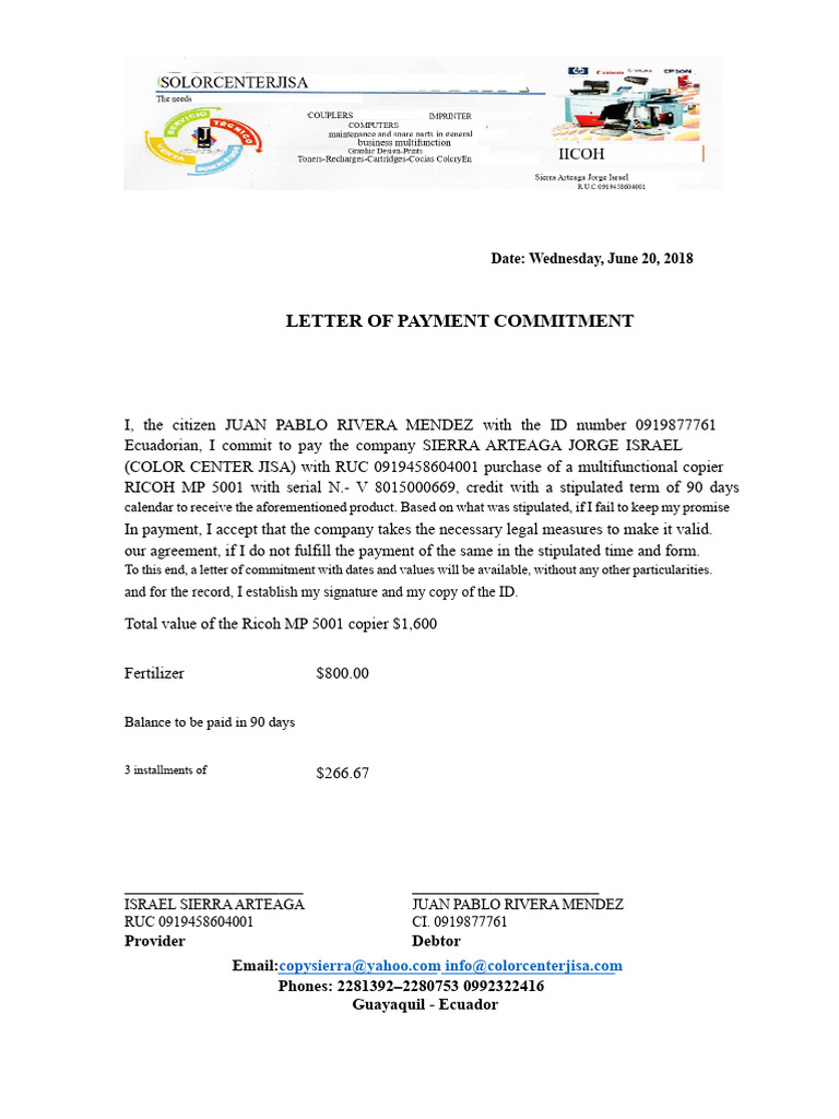 Payment Commitment for Copier Purchase | PDF