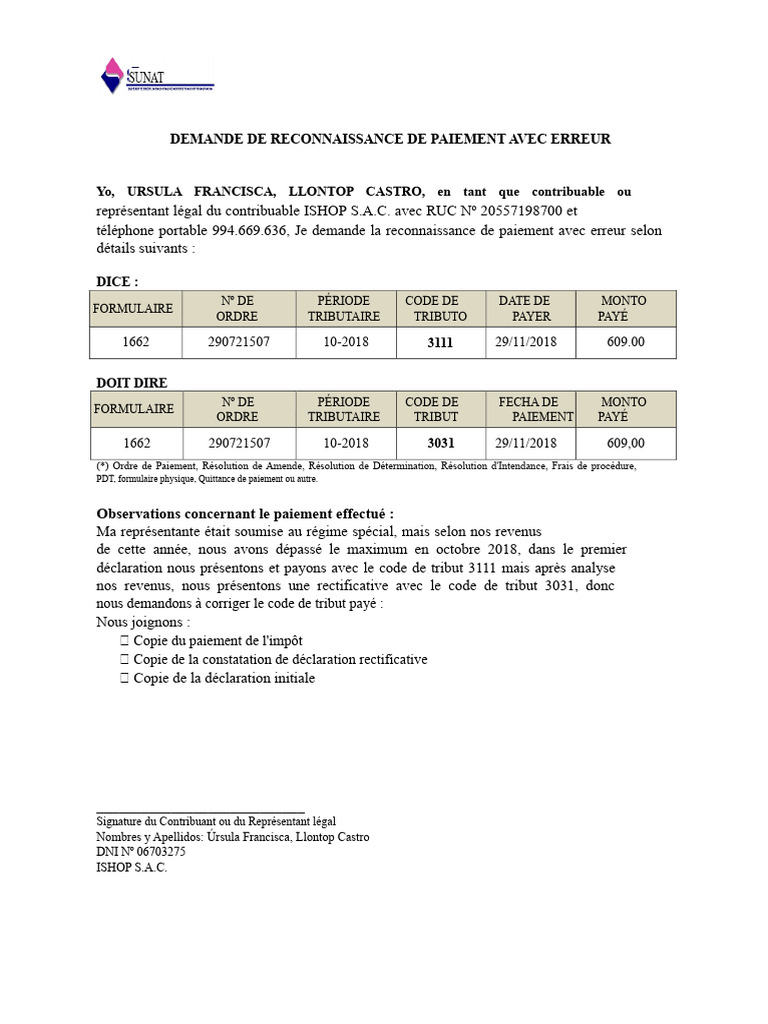 Demande de correction de paiement fiscal | PDF