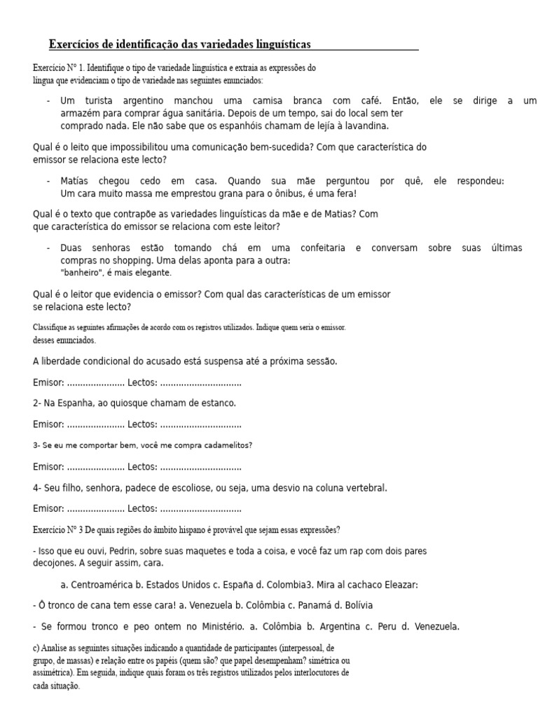 Exercícios sobre Variedades Linguísticas | PDF