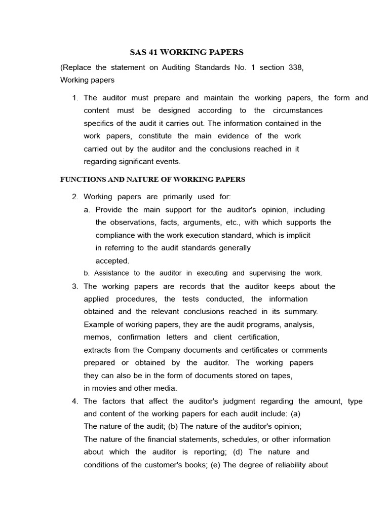 SAS 41 WORKING PAPERS.docx | PDF | Audit | Internal Control
