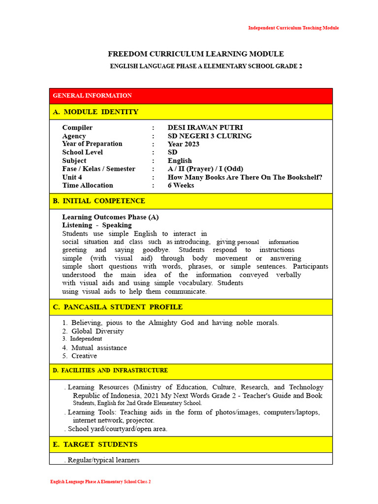 English lesson plan for 2nd grade, semester 1 | PDF | Teachers | Learning