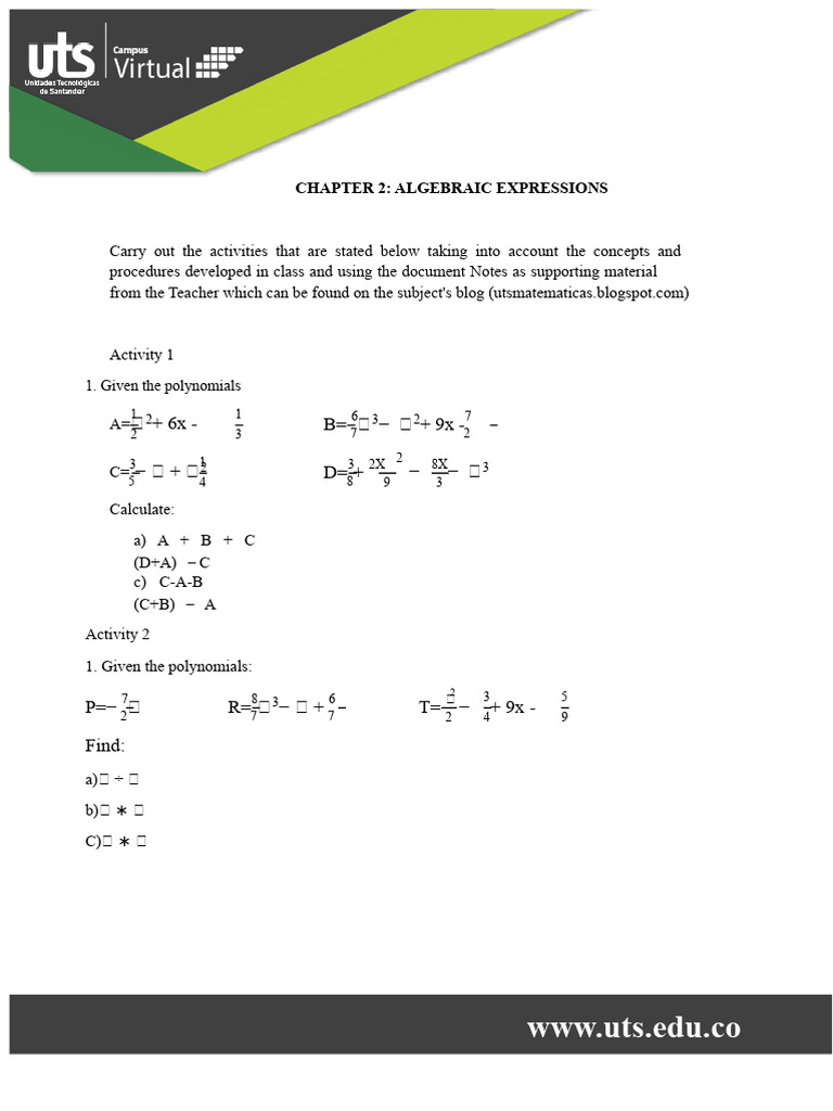 Workshop-Algebraic Expressions | PDF