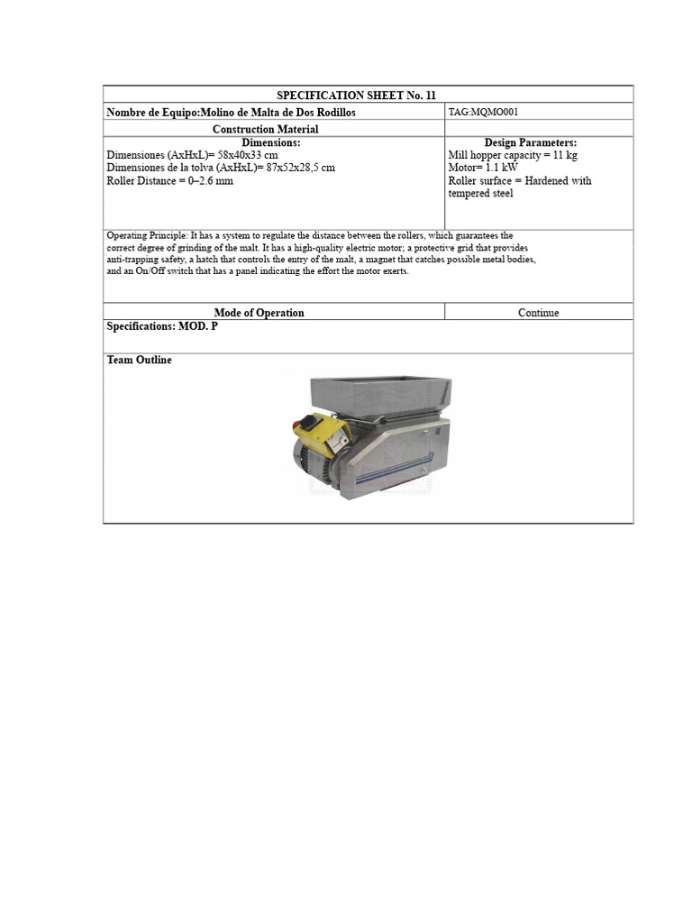 Equipment Specification Sheet | PDF | Mechanical Engineering