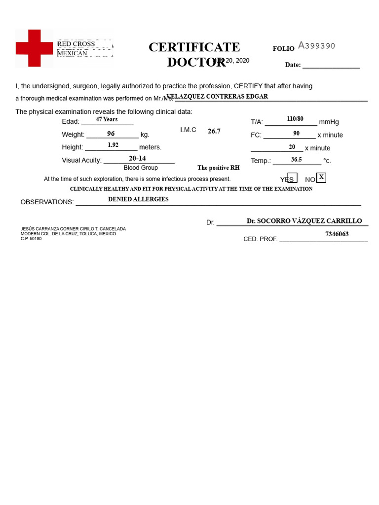 RED CROSS MEDICAL CERTIFICATE | PDF | Medicine | Clinical Medicine